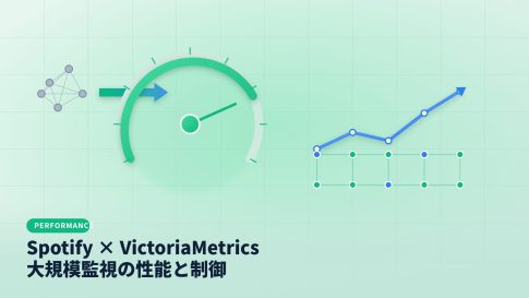 Abstract infographic showing a speedometer and rising chart to represent performance metrics for Spotify x VictoriaMetrics on a green grid background.